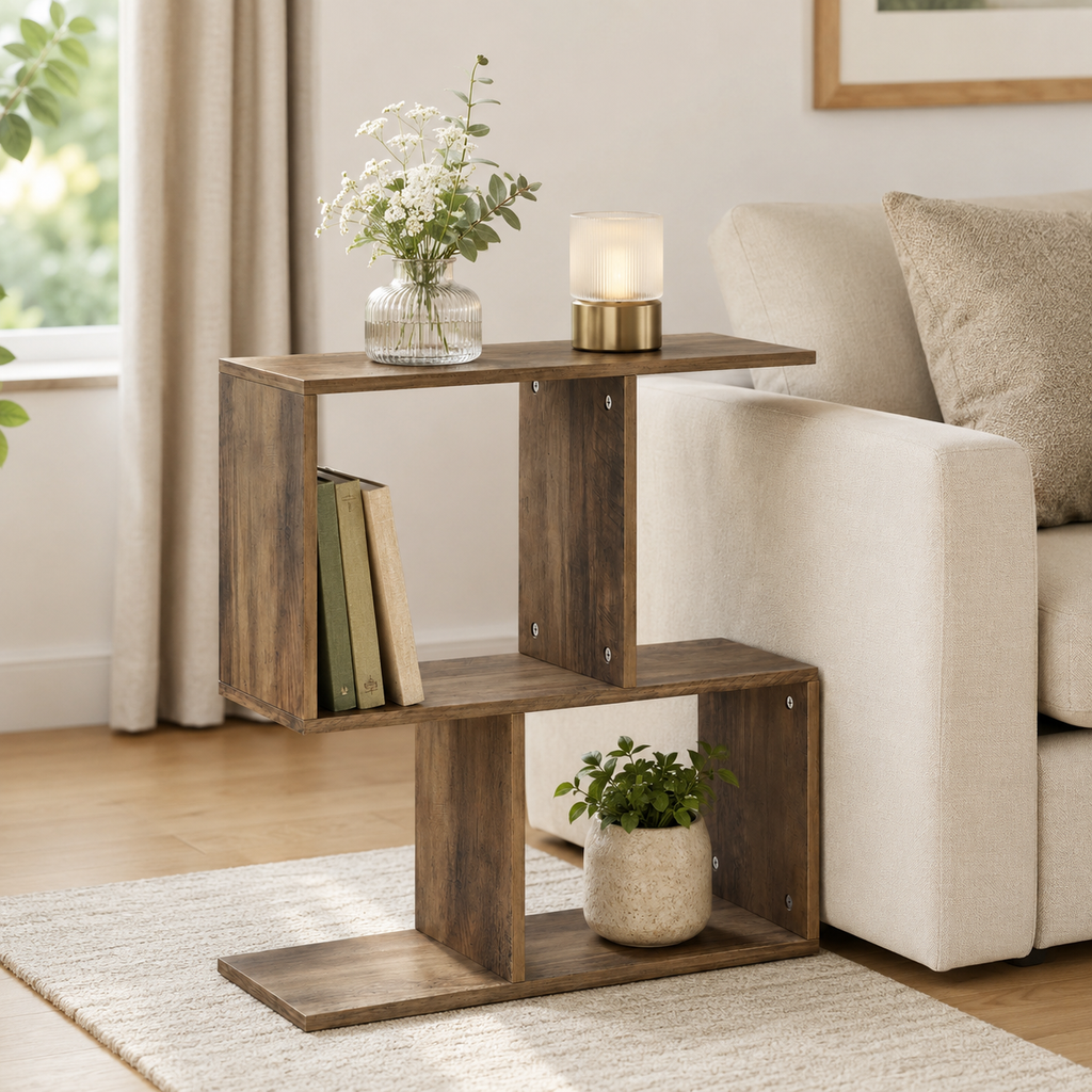 Side Table – S-Shaped, 3-Tier Storage Shelves, Oak-Effect, 50×19.5×58cm