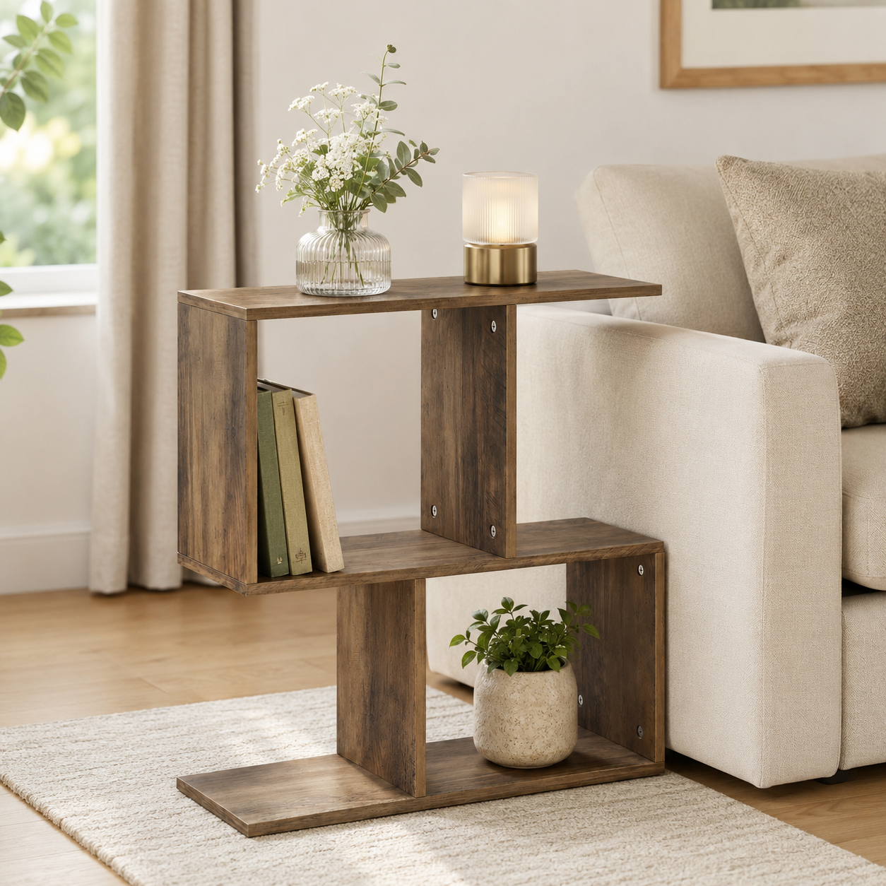 Side Table – S-Shaped, 3-Tier Storage Shelves, Oak-Effect, 50×19.5×58cm