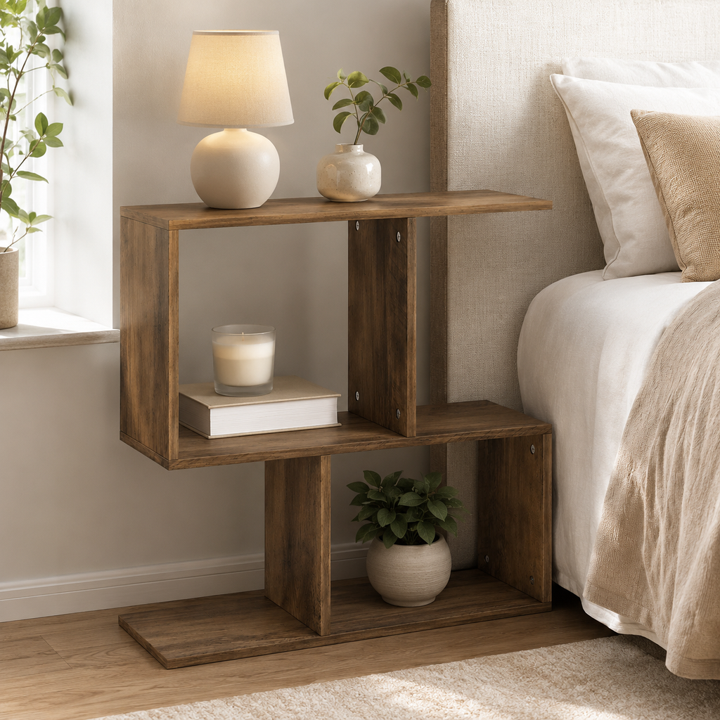 Side Table – S-Shaped, 3-Tier Storage Shelves, Oak-Effect, 50×19.5×58cm