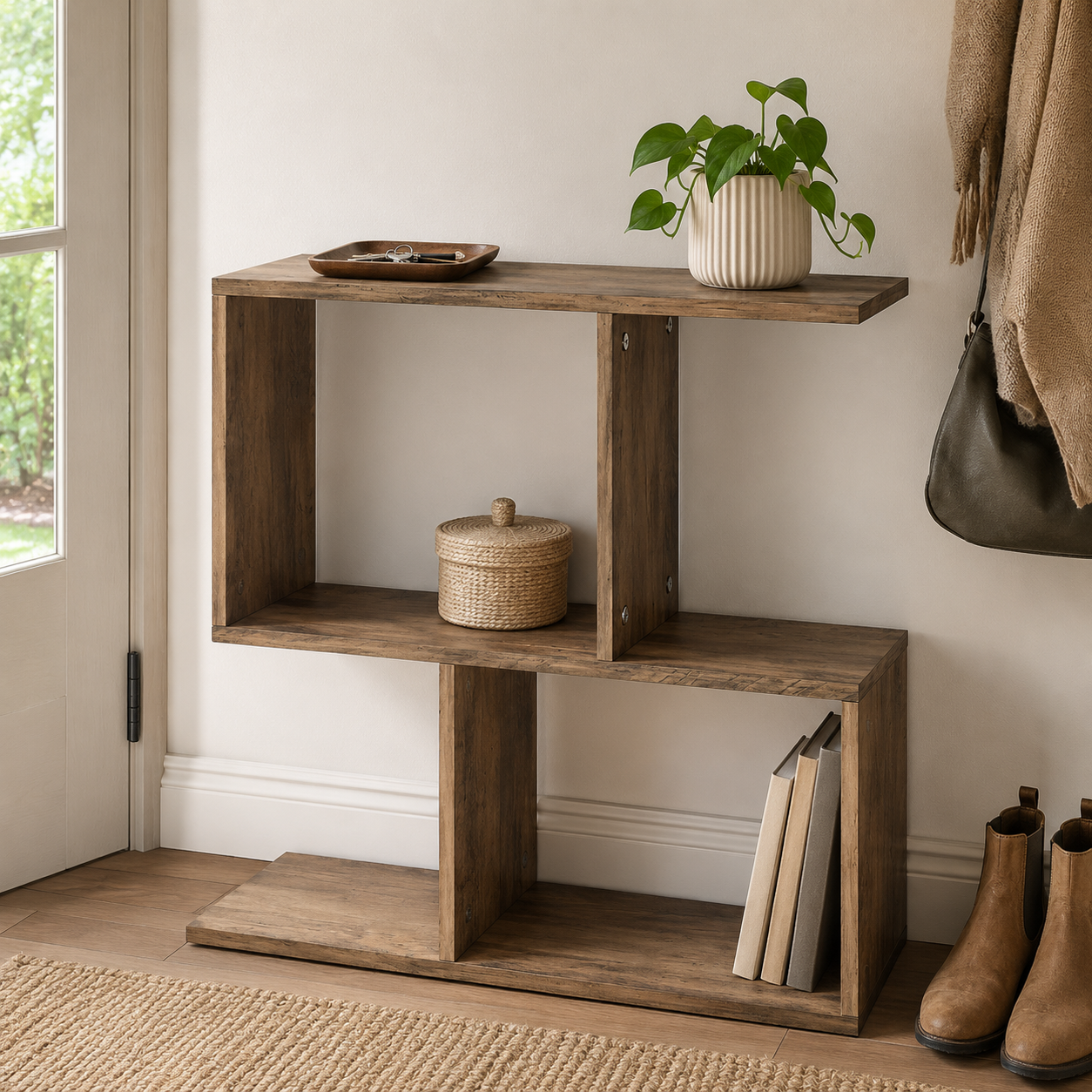 Side Table – S-Shaped, 3-Tier Storage Shelves, Oak-Effect, 50×19.5×58cm