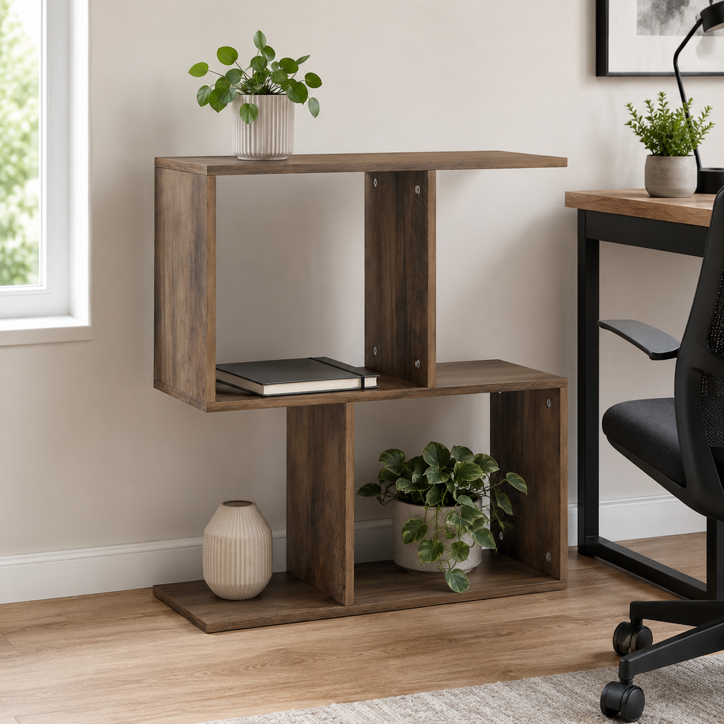 Side Table – S-Shaped, 3-Tier Storage Shelves, Oak-Effect, 50×19.5×58cm