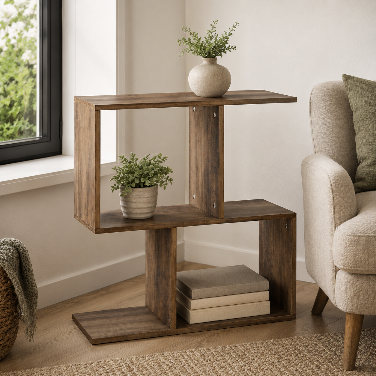 Side Table – S-Shaped, 3-Tier Storage Shelves, Oak-Effect, 50×19.5×58cm