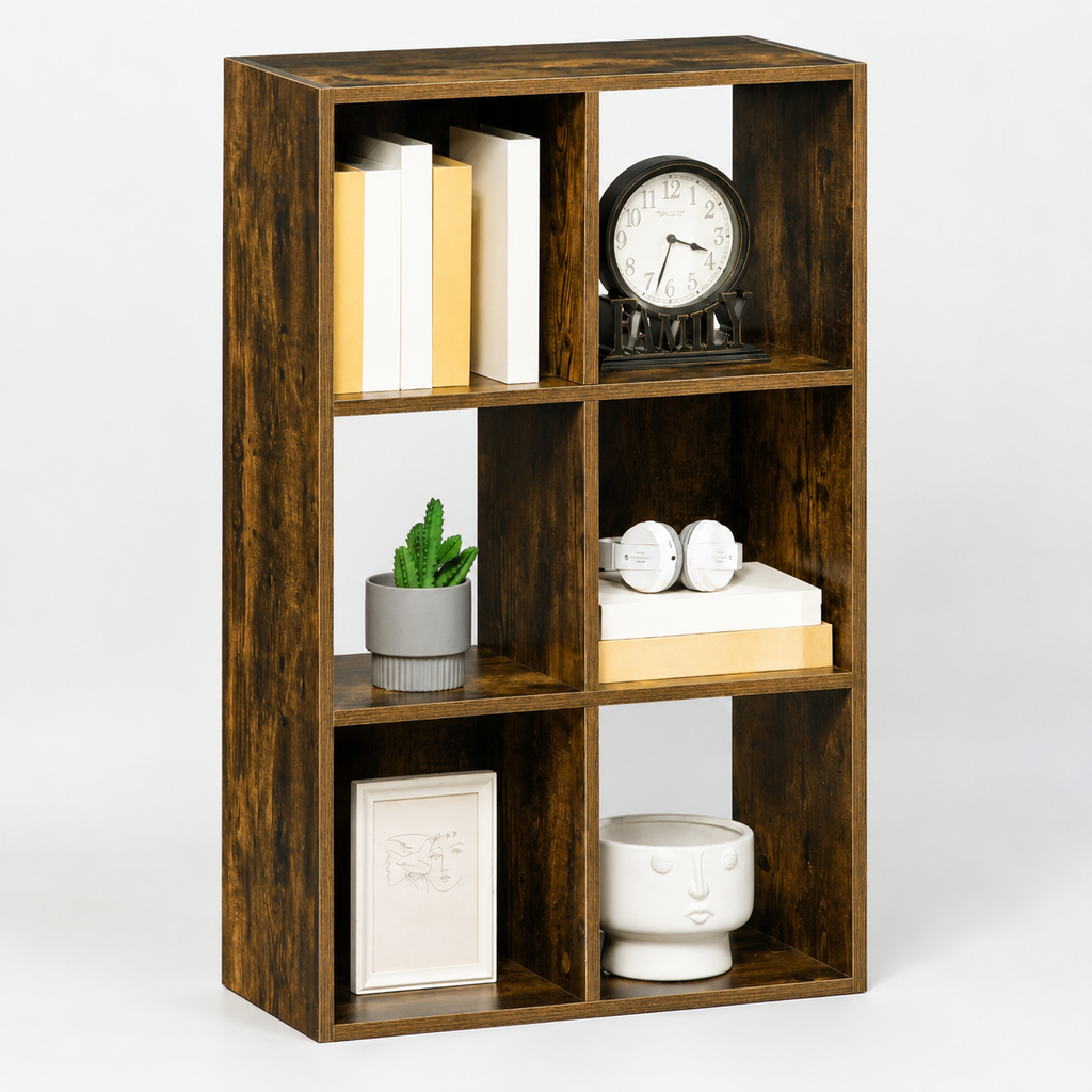 Shelving Unit – Industrial, 6-Compartment Bookcase, Rustic Brown