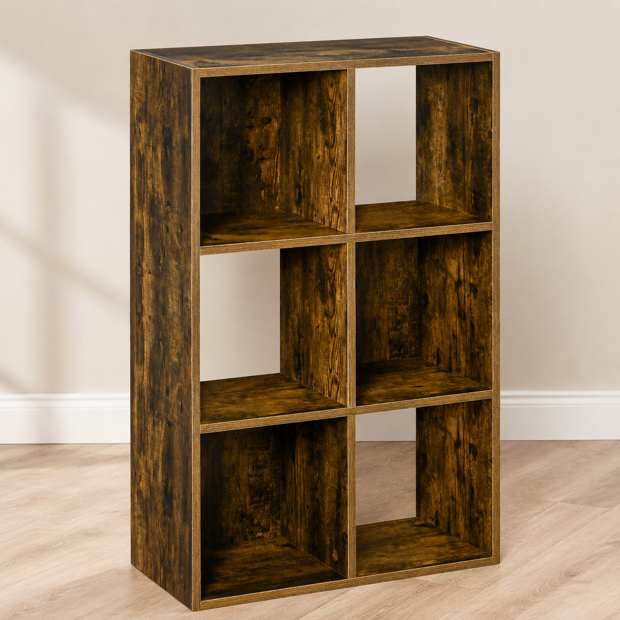 Shelving Unit – Industrial, 6-Compartment Bookcase, Rustic Brown