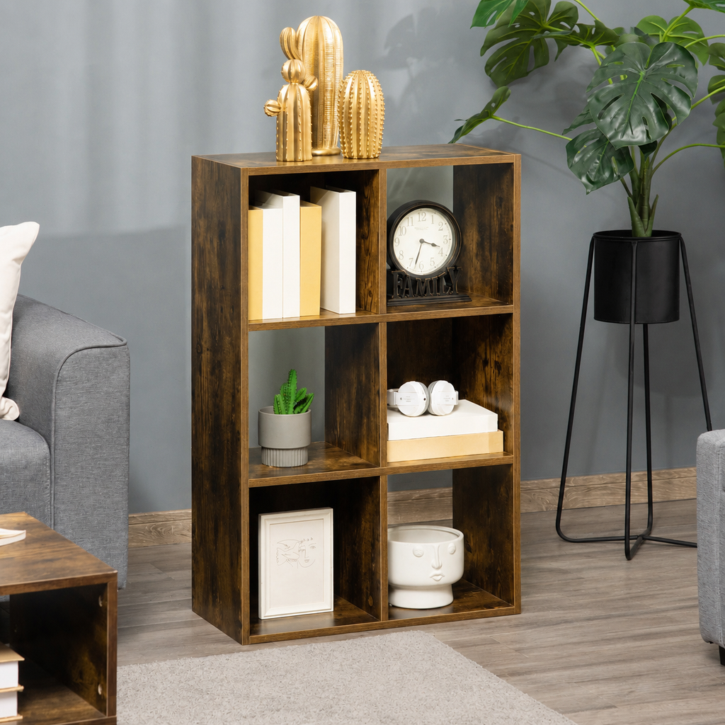 Shelving Unit – Industrial, 6-Compartment Bookcase, Rustic Brown