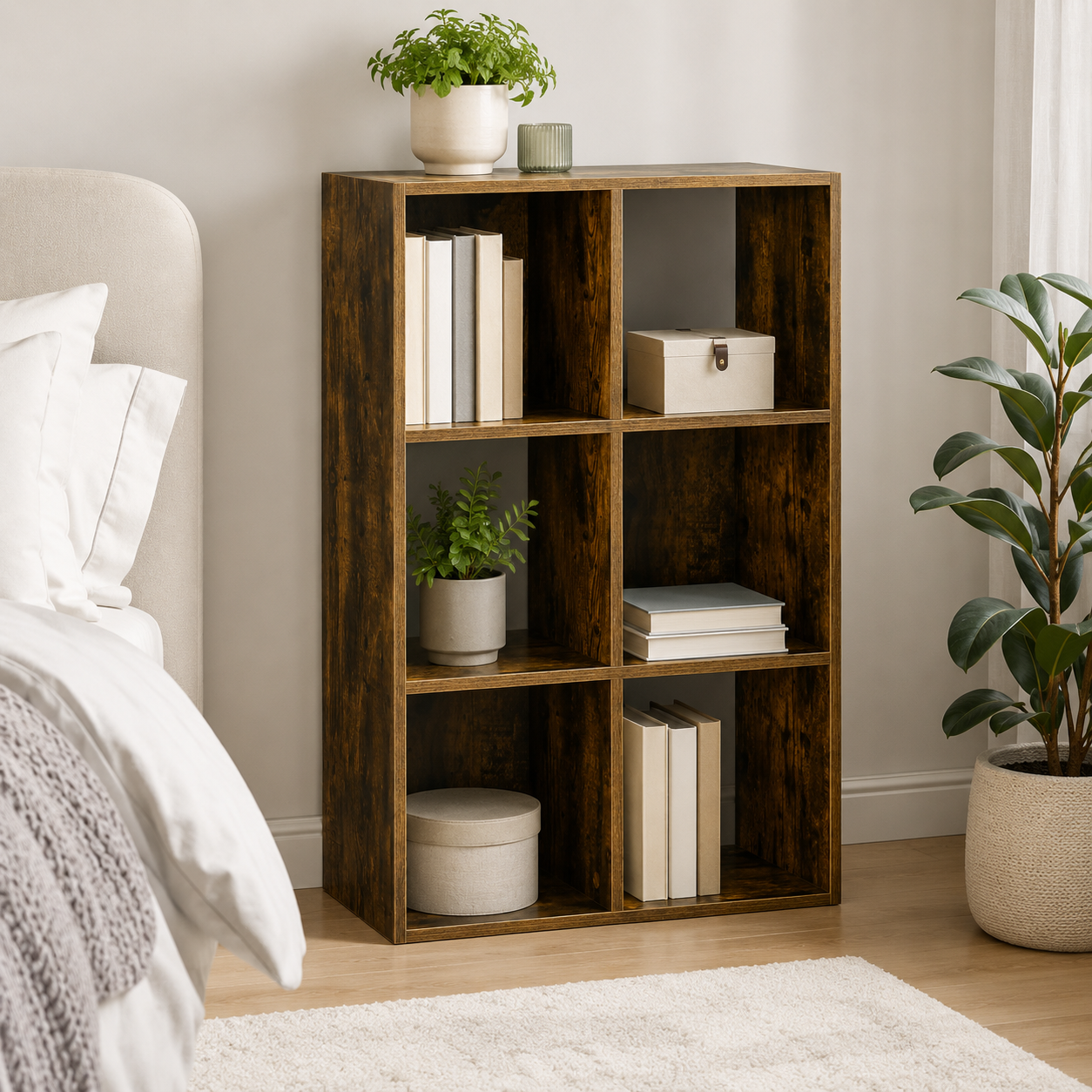 Shelving Unit – Industrial, 6-Compartment Bookcase, Rustic Brown