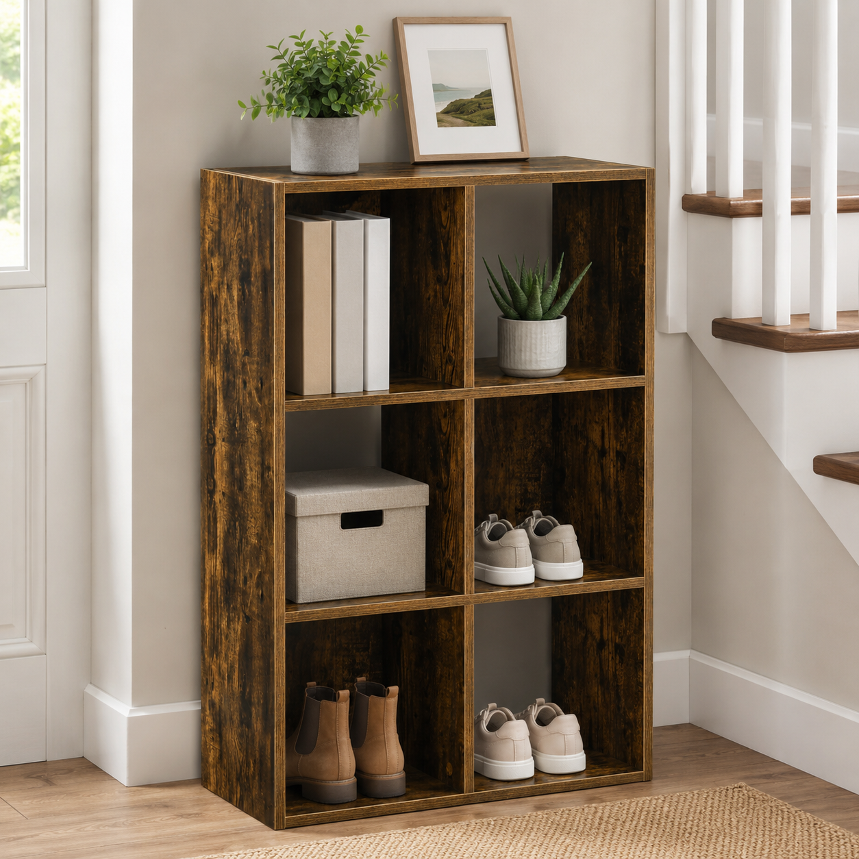 Shelving Unit – Industrial, 6-Compartment Bookcase, Rustic Brown