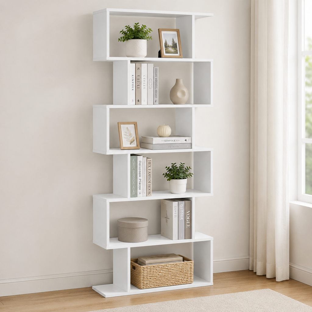 Bookcase – S-Shaped, 6-Tier Display Shelf, White