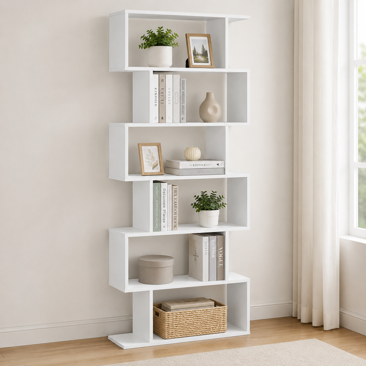 Bookcase – S-Shaped, 6-Tier Display Shelf, White