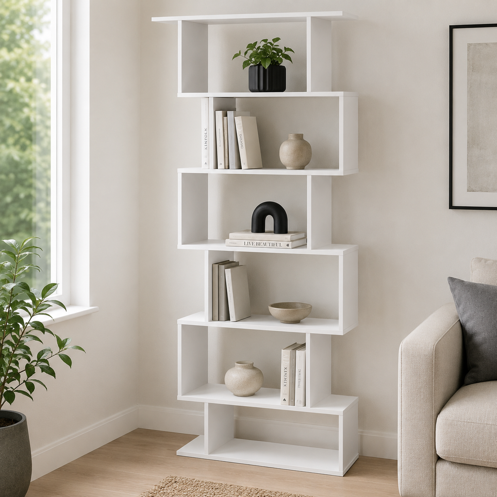 Bookcase – S-Shaped, 6-Tier Display Shelf, White