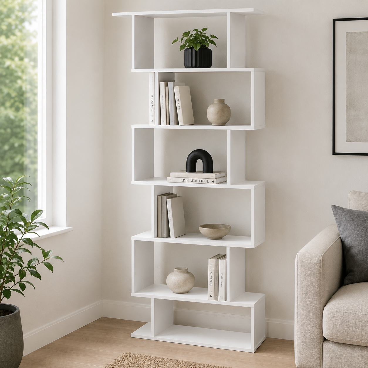 Bookcase – S-Shaped, 6-Tier Display Shelf, White