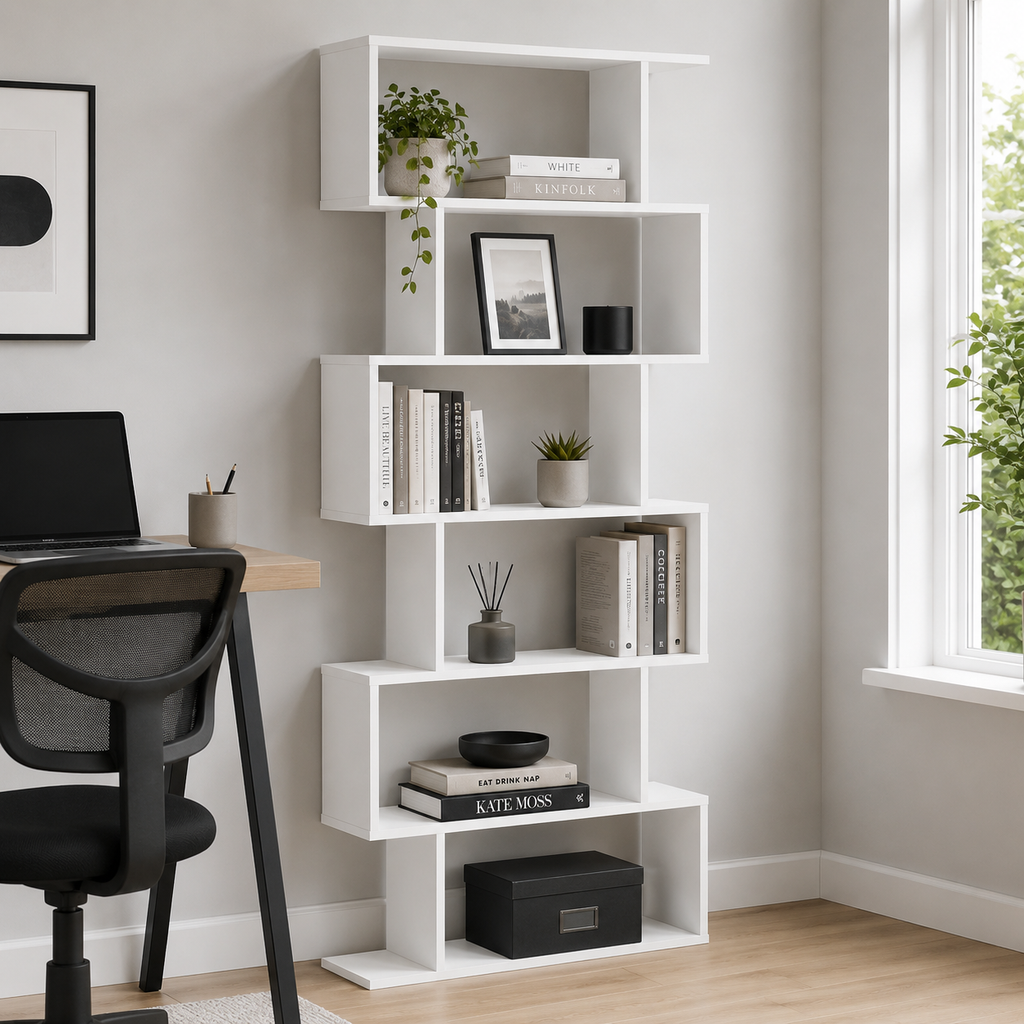 Bookcase – S-Shaped, 6-Tier Display Shelf, White