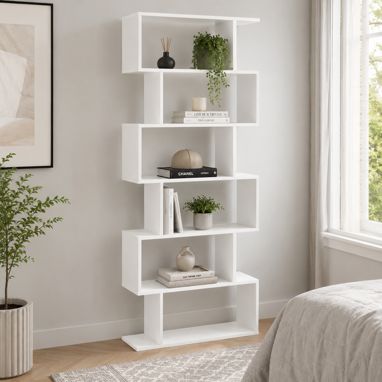 Bookcase – S-Shaped, 6-Tier Display Shelf, White