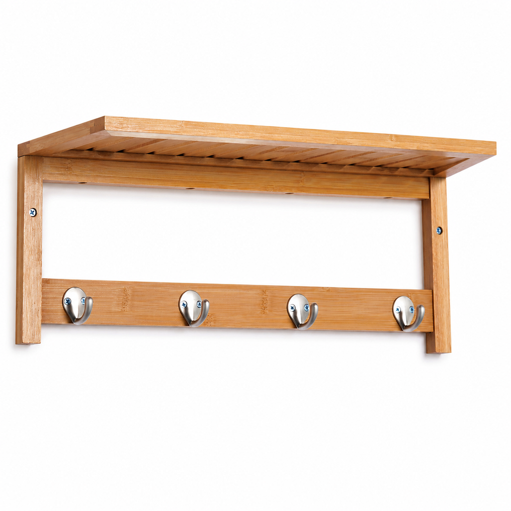 Coat Rack – Wall Mounted, 4 Hooks & Storage Shelf, Natural Wood