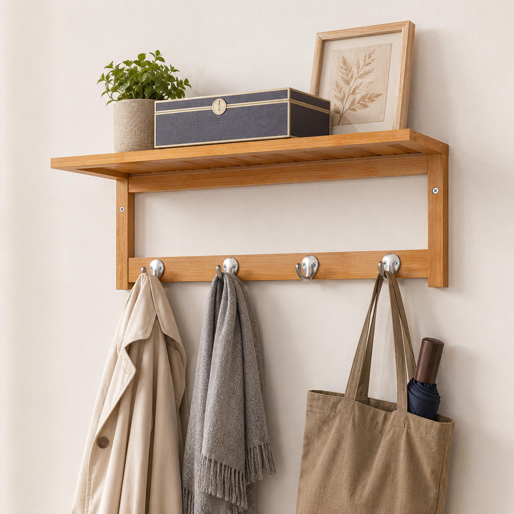 Coat Rack – Wall Mounted, 4 Hooks & Storage Shelf, Natural Wood