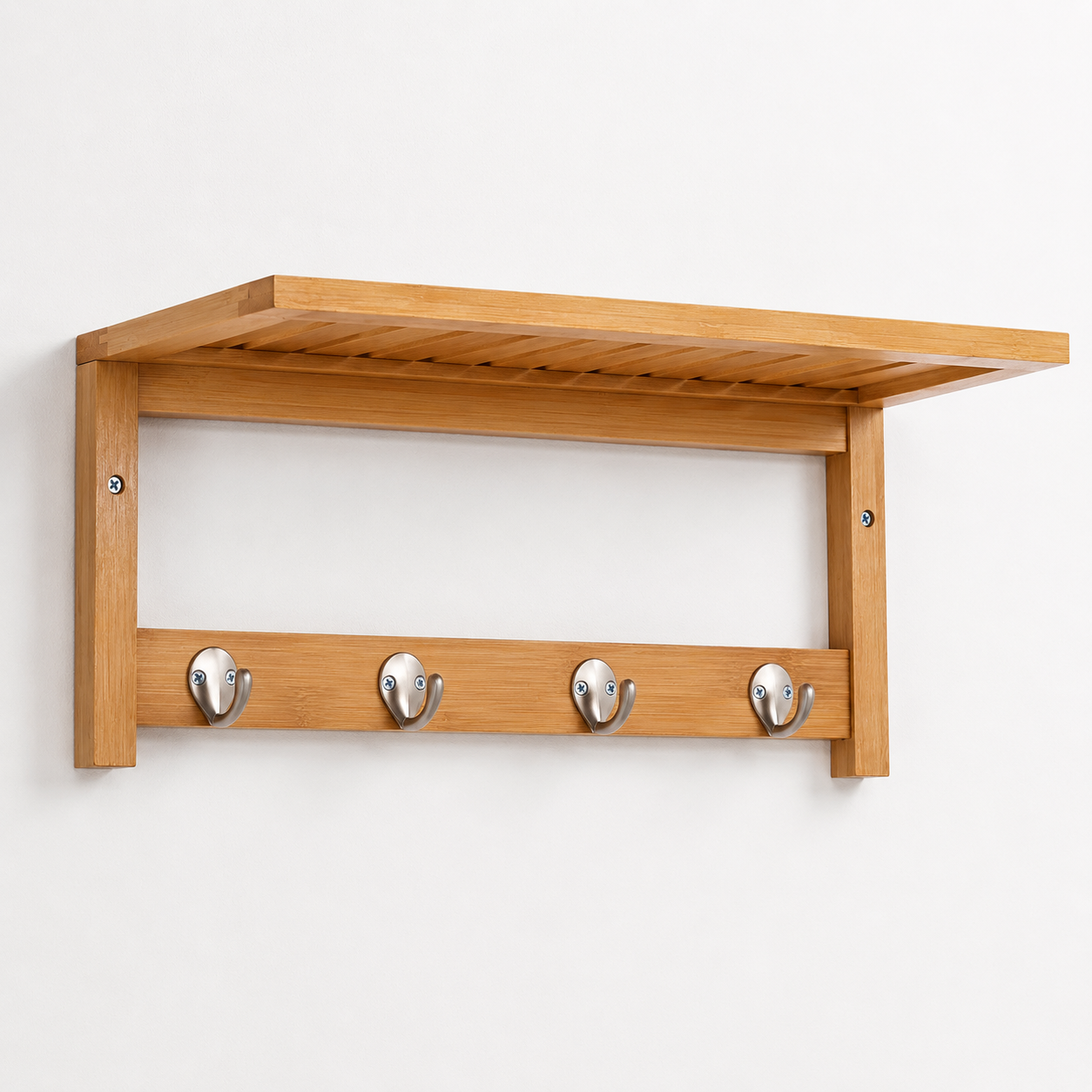 Coat Rack – Wall Mounted, 4 Hooks & Storage Shelf, Natural Wood