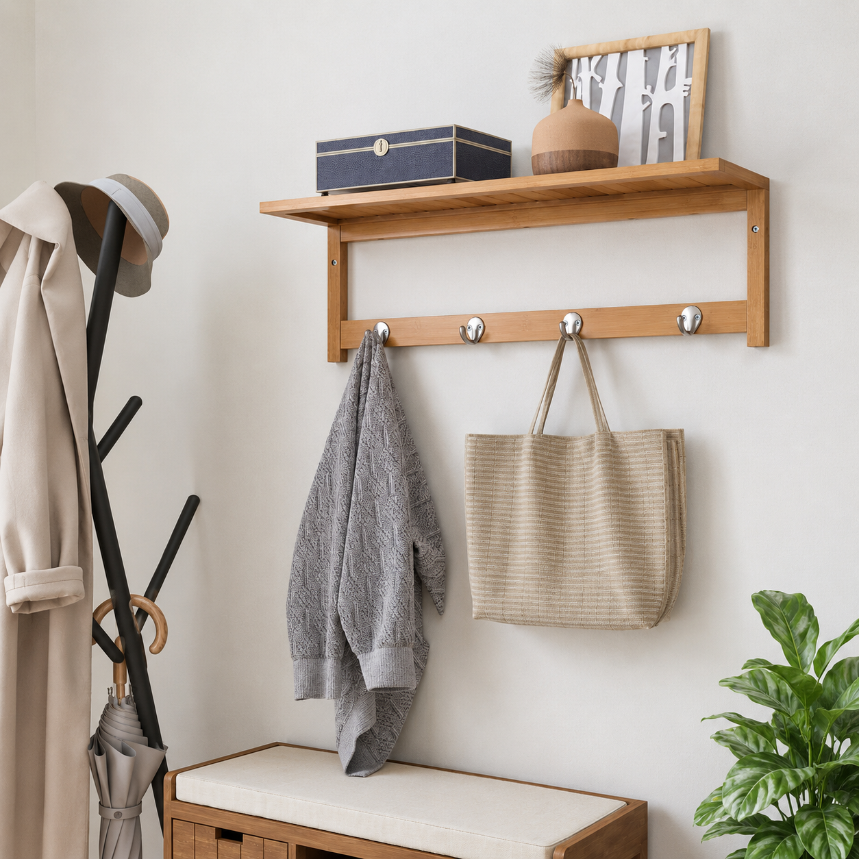 Coat Rack – Wall Mounted, 4 Hooks & Storage Shelf, Natural Wood