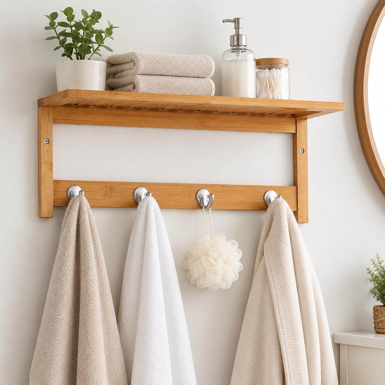 Coat Rack – Wall Mounted, 4 Hooks & Storage Shelf, Natural Wood