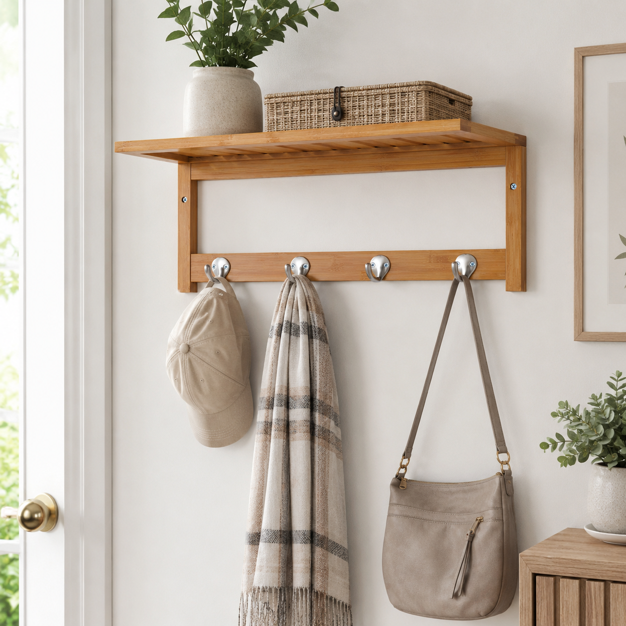 Coat Rack – Wall Mounted, 4 Hooks & Storage Shelf, Natural Wood