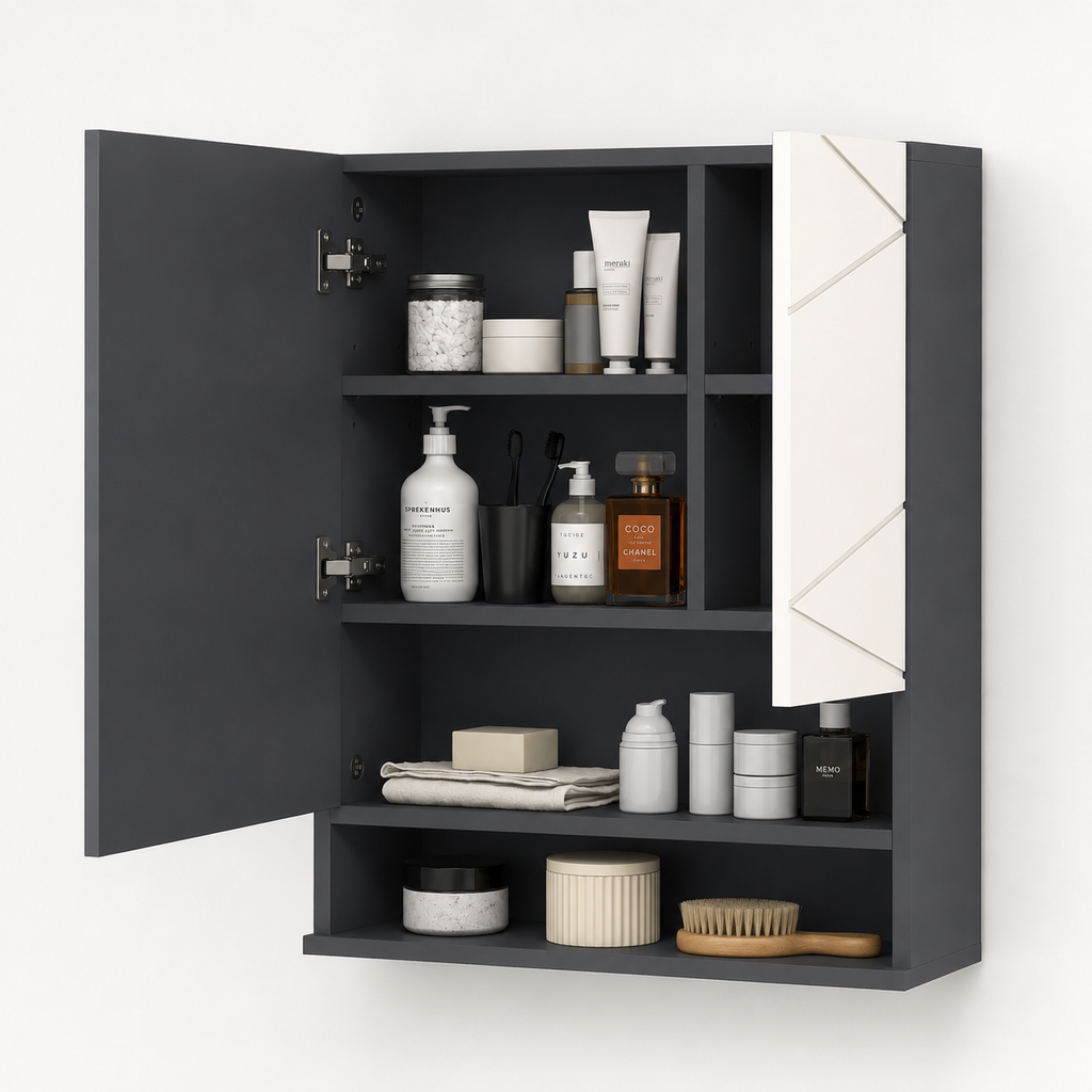 Bathroom Mirror Cabinet – Kleankin, Wall Mounted, Adjustable Shelves, Grey, 55×55cm