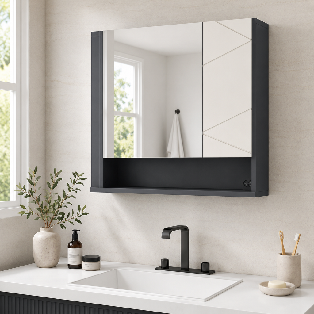 Bathroom Mirror Cabinet – Kleankin, Wall Mounted, Adjustable Shelves, Grey, 55×55cm