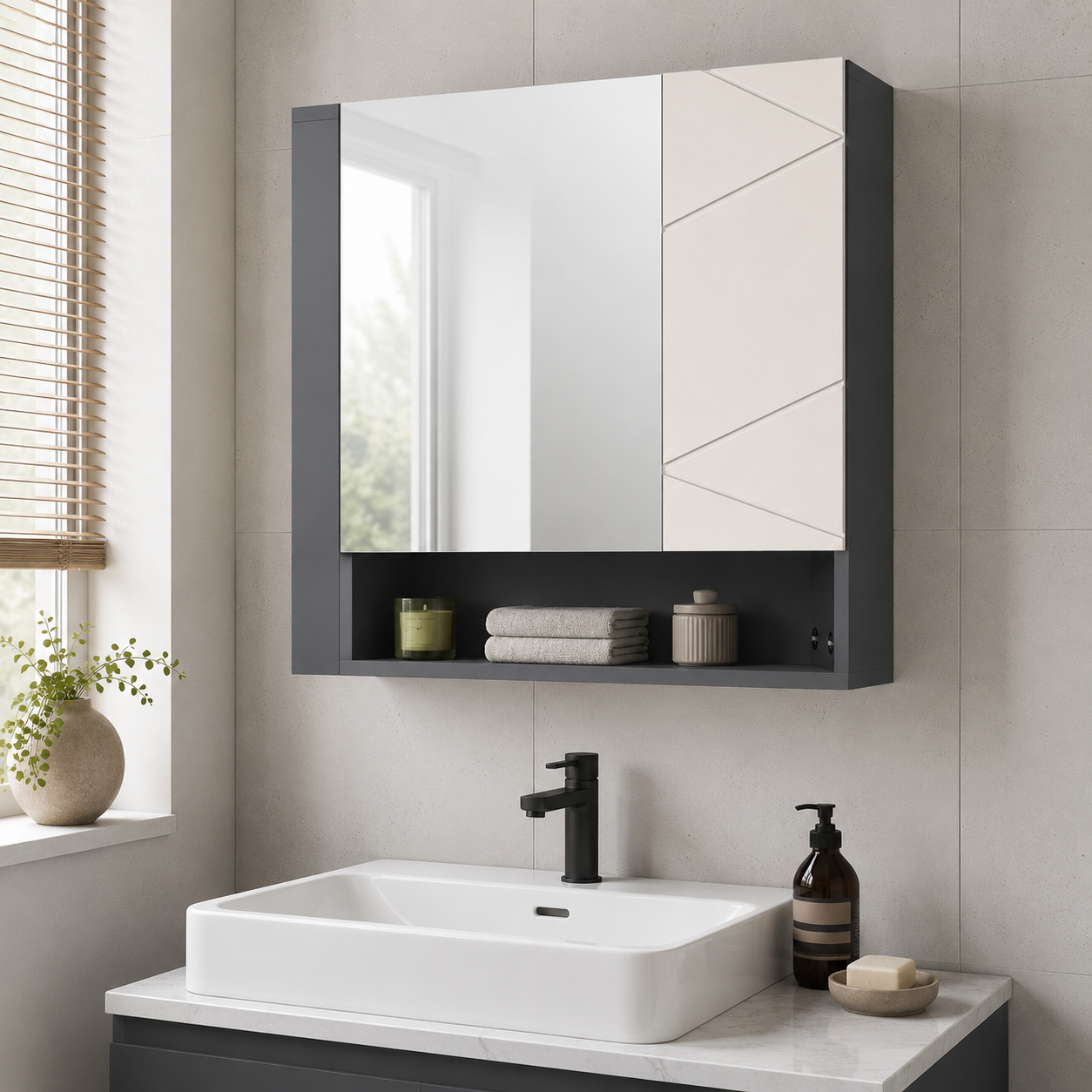 Bathroom Mirror Cabinet – Kleankin, Wall Mounted, Adjustable Shelves, Grey, 55×55cm