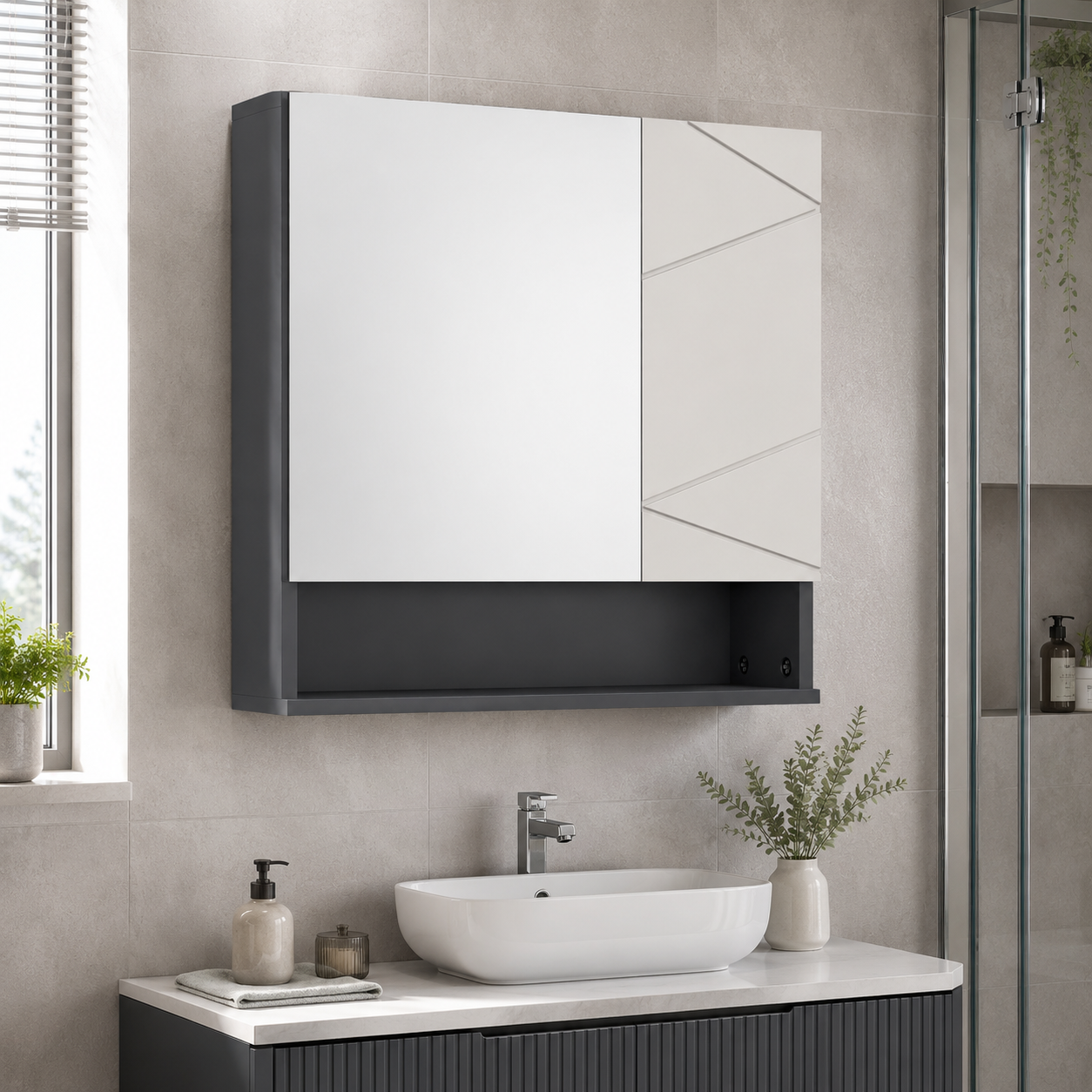 Bathroom Mirror Cabinet – Kleankin, Wall Mounted, Adjustable Shelves, Grey, 55×55cm