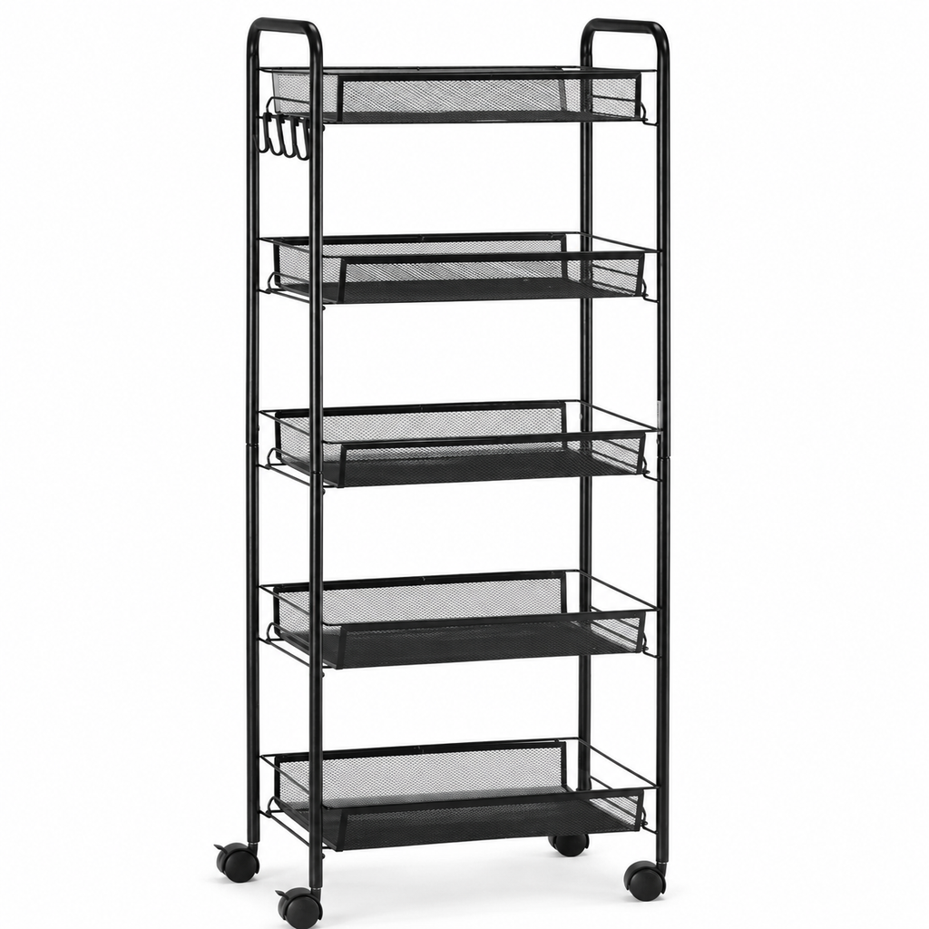 Storage Trolley – 5-Tier, Steel Wire Baskets, On Wheels, Kitchen & Bathroom, Black