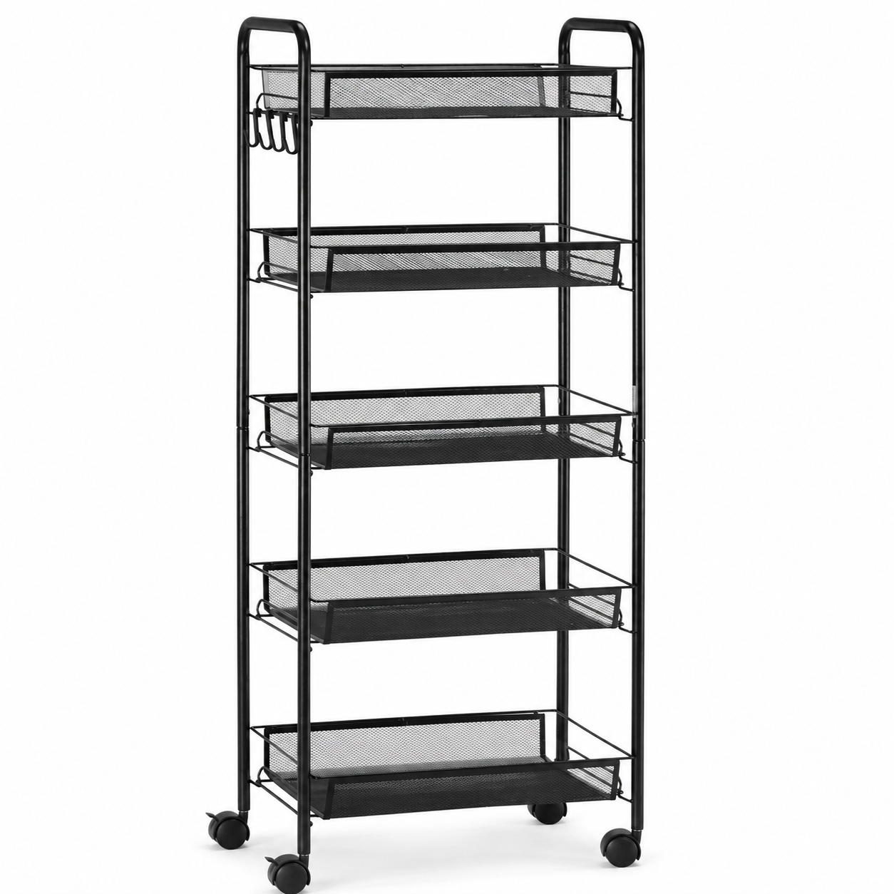Storage Trolley – 5-Tier, Steel Wire Baskets, On Wheels, Kitchen & Bathroom, Black