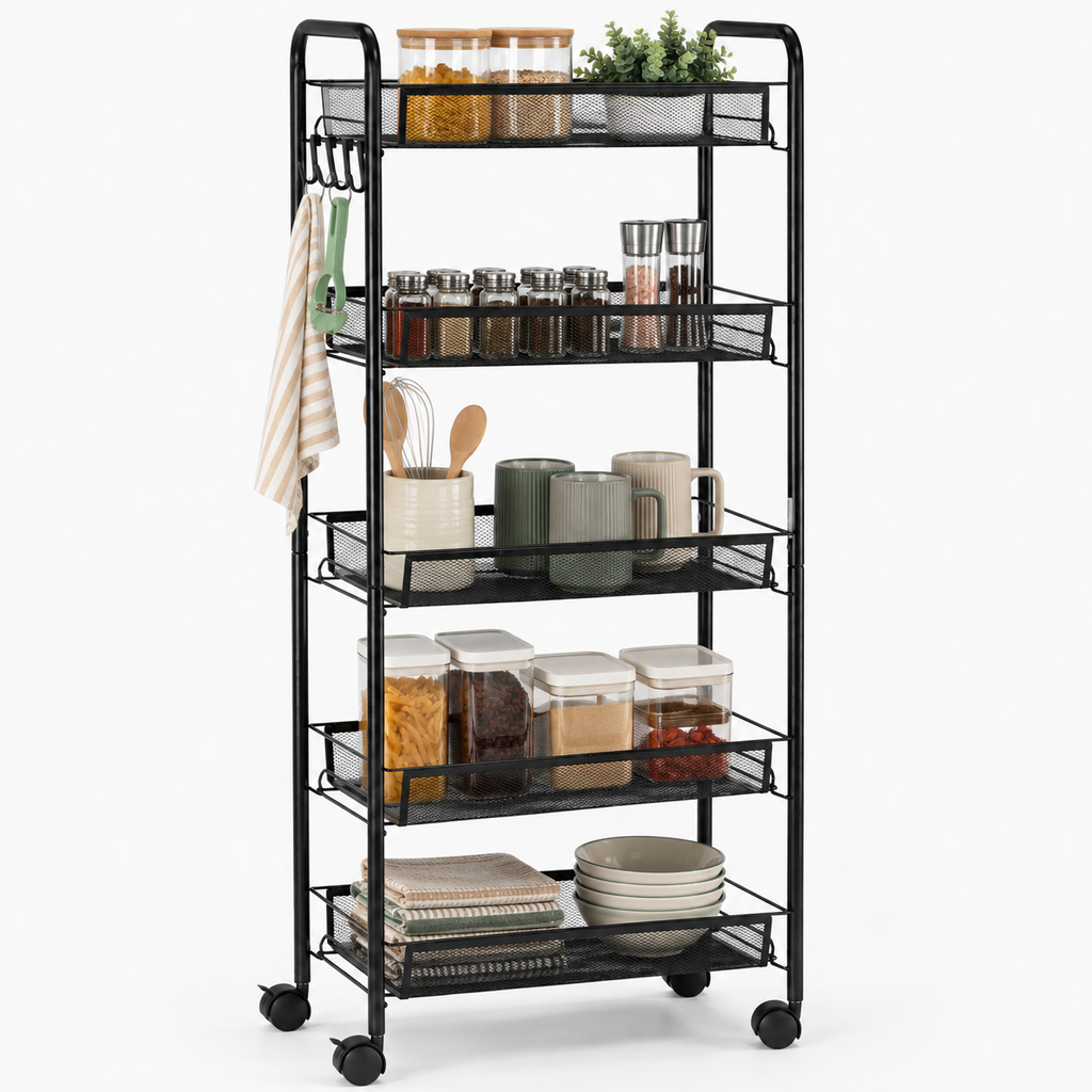 Storage Trolley – 5-Tier, Steel Wire Baskets, On Wheels, Kitchen & Bathroom, Black