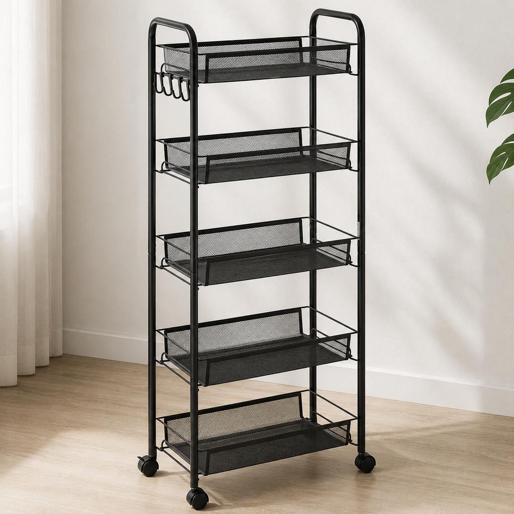 Storage Trolley – 5-Tier, Steel Wire Baskets, On Wheels, Kitchen & Bathroom, Black