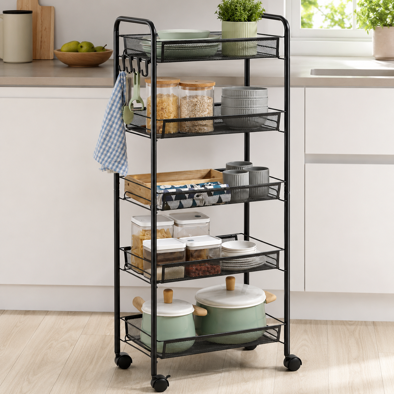 Storage Trolley – 5-Tier, Steel Wire Baskets, On Wheels, Kitchen & Bathroom, Black