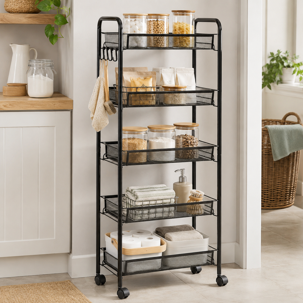 Storage Trolley – 5-Tier, Steel Wire Baskets, On Wheels, Kitchen & Bathroom, Black