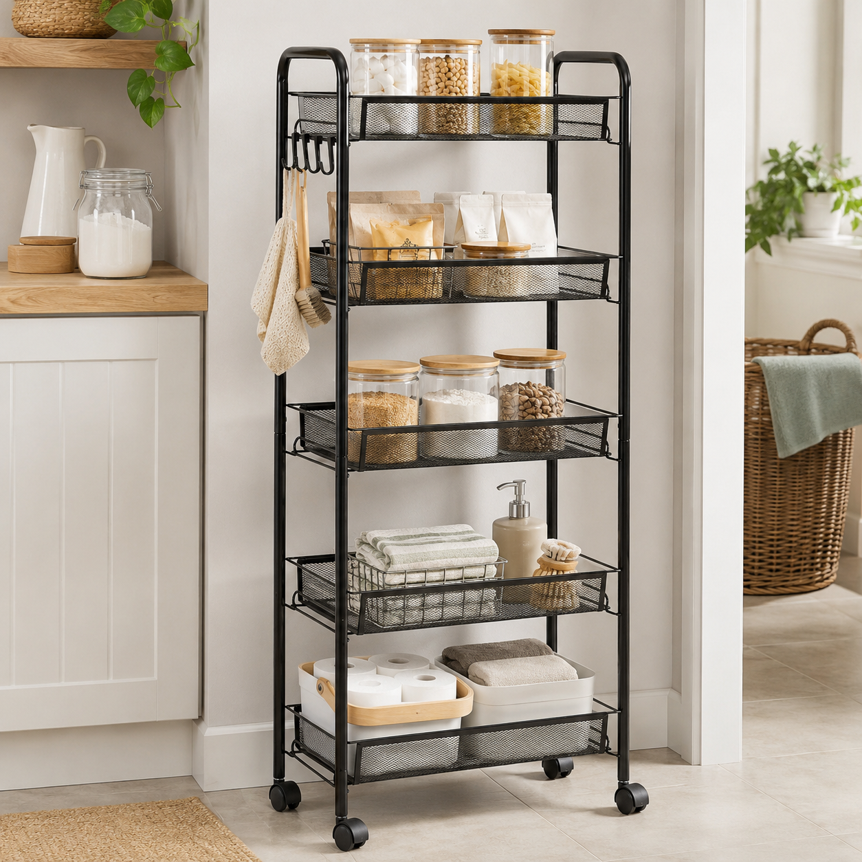 Storage Trolley – 5-Tier, Steel Wire Baskets, On Wheels, Kitchen & Bathroom, Black