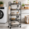 Storage Trolley – 5-Tier, Steel Wire Baskets, On Wheels, Kitchen & Bathroom, Black