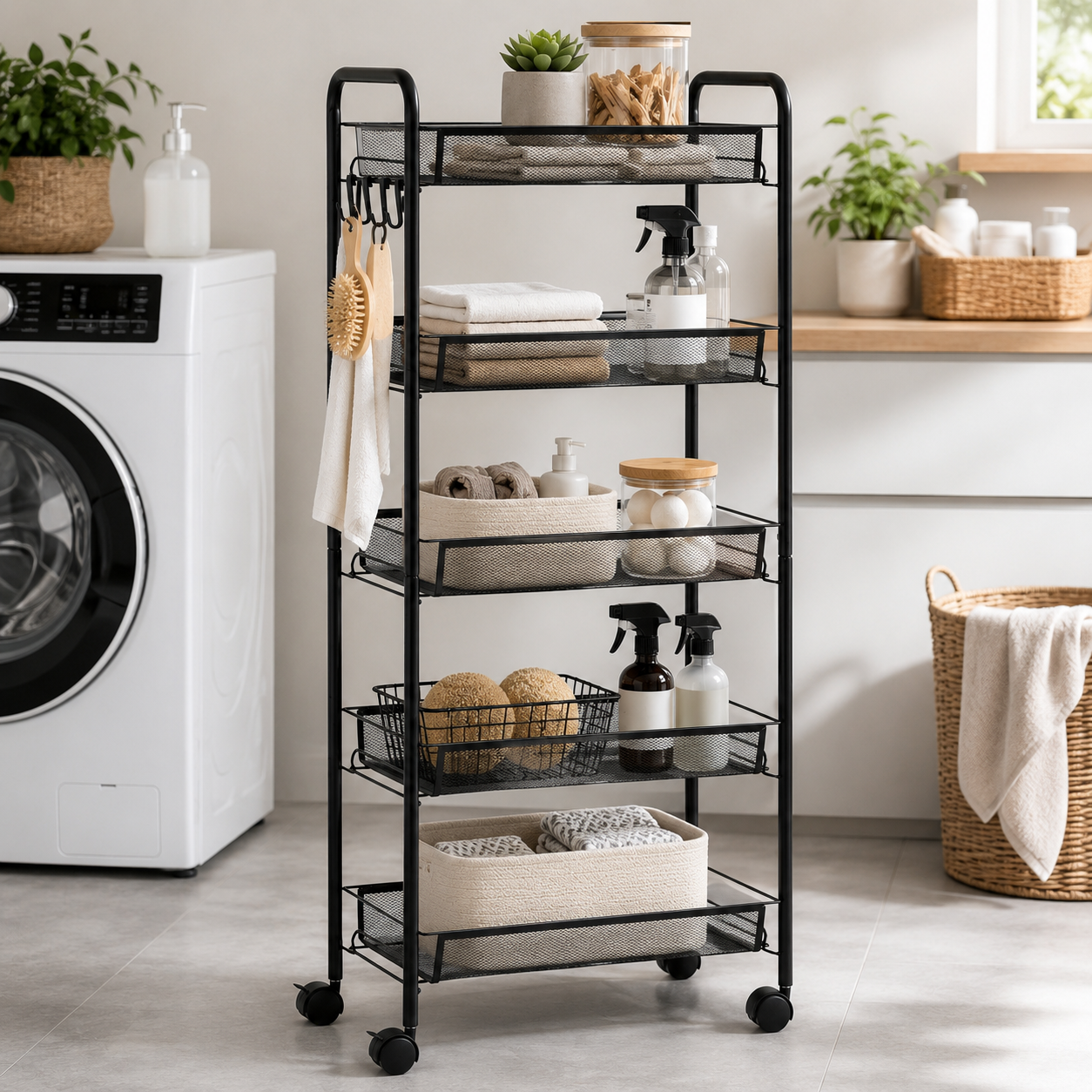 Storage Trolley – 5-Tier, Steel Wire Baskets, On Wheels, Kitchen & Bathroom, Black