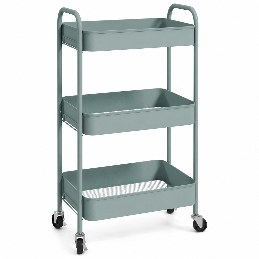 Storage Trolley – 3-Tier, Steel Wire Baskets, On Wheels, Kitchen & Bathroom, Light Blue