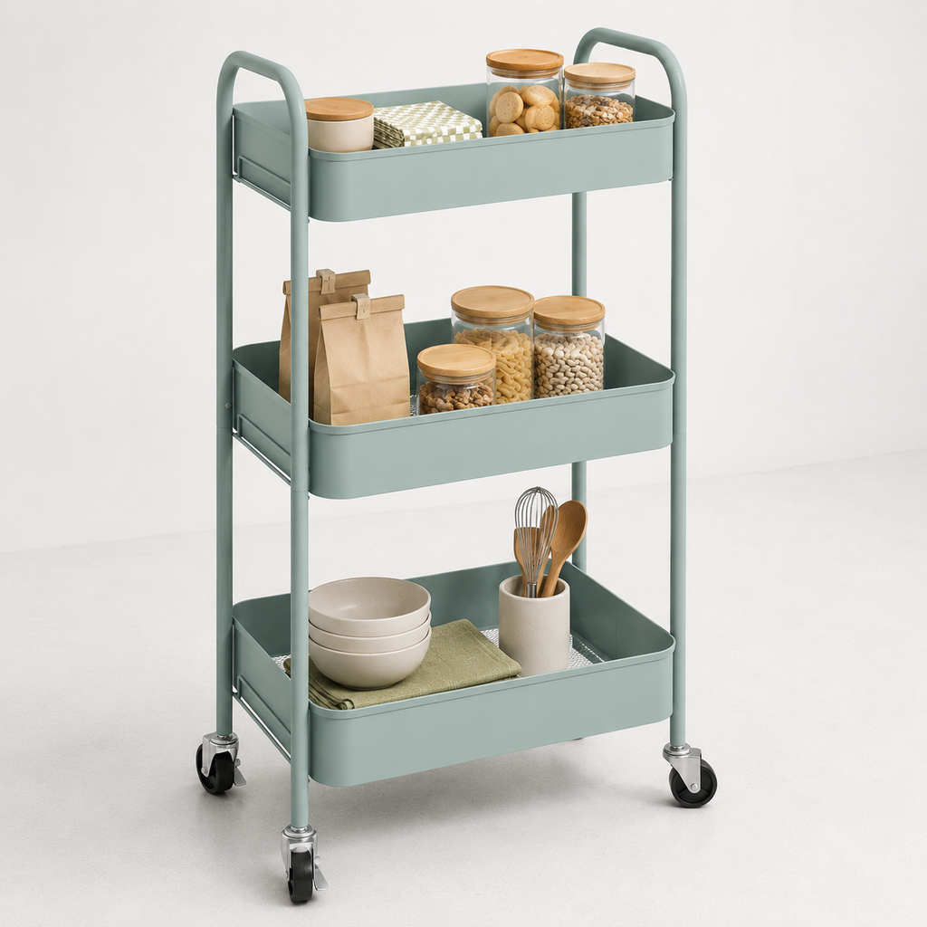 Storage Trolley – 3-Tier, Steel Wire Baskets, On Wheels, Kitchen & Bathroom, Light Blue