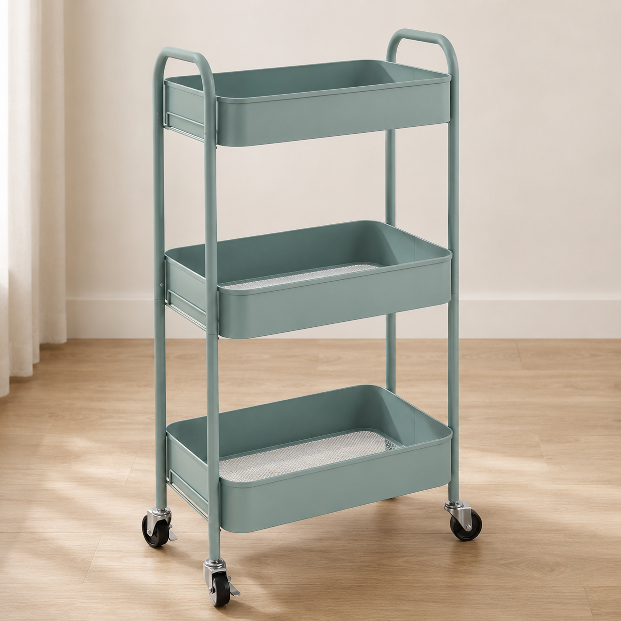 Storage Trolley – 3-Tier, Steel Wire Baskets, On Wheels, Kitchen & Bathroom, Light Blue