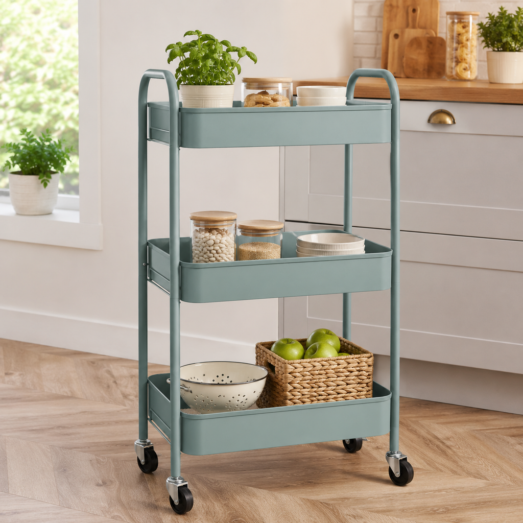 Storage Trolley – 3-Tier, Steel Wire Baskets, On Wheels, Kitchen & Bathroom, Light Blue