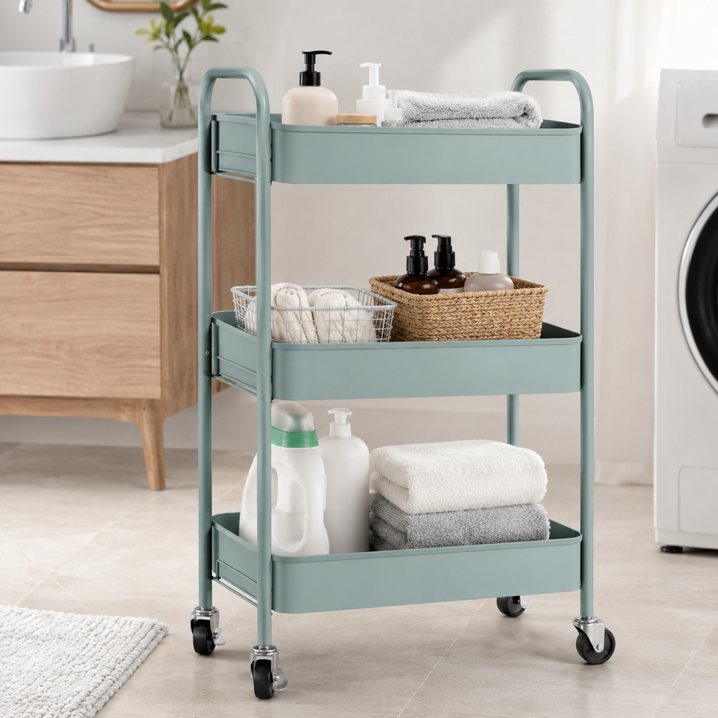 Storage Trolley – 3-Tier, Steel Wire Baskets, On Wheels, Kitchen & Bathroom, Light Blue