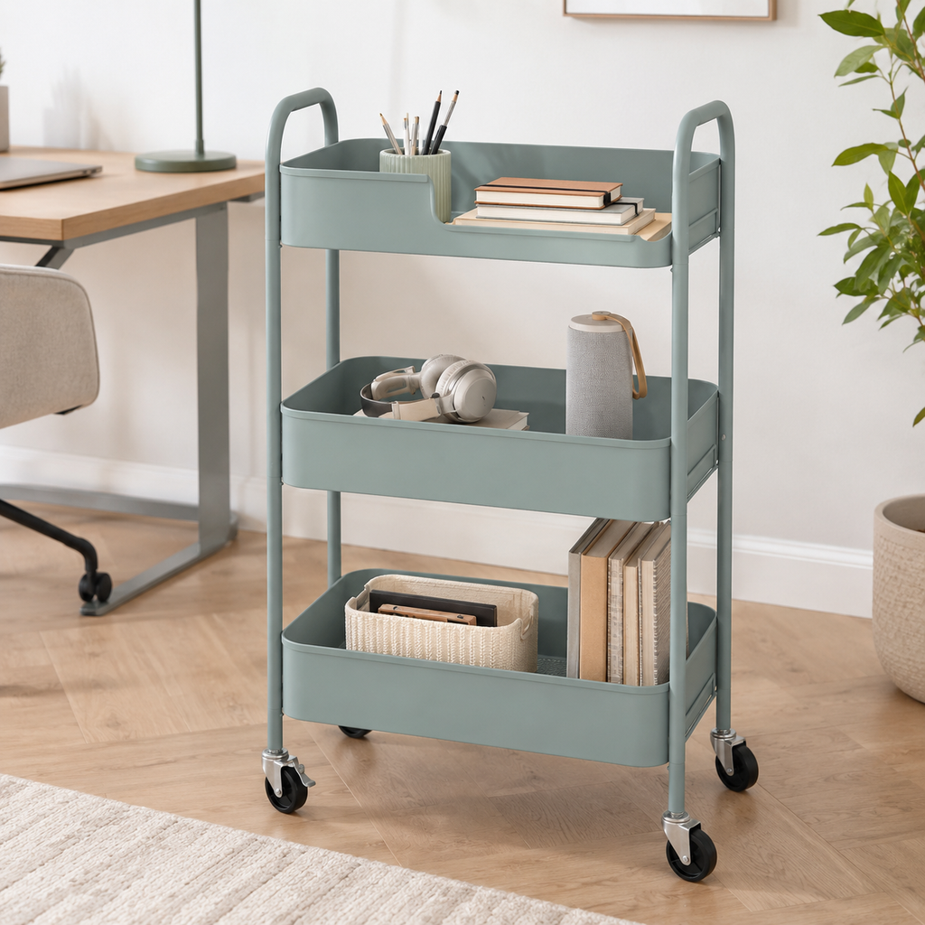Storage Trolley – 3-Tier, Steel Wire Baskets, On Wheels, Kitchen & Bathroom, Light Blue