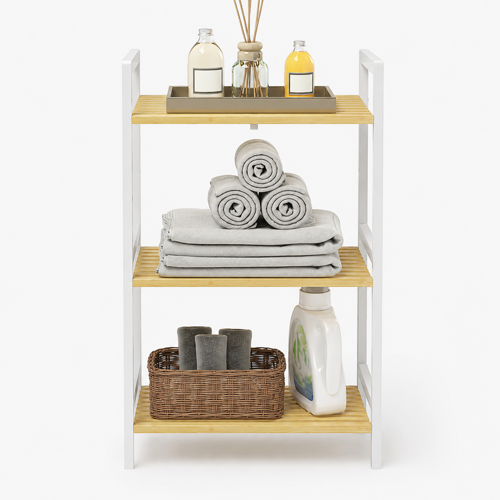 Bathroom Shelf Unit – 3-Tier, Bamboo, Adjustable, Freestanding, Natural