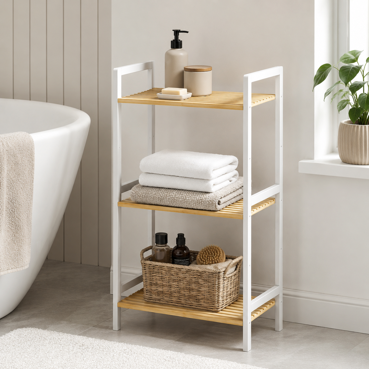 Bathroom Shelf Unit – 3-Tier, Bamboo, Adjustable, Freestanding, Natural
