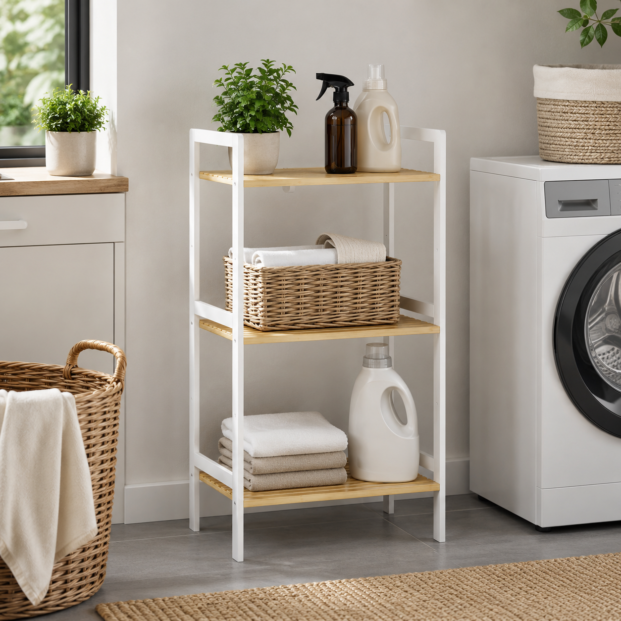 Bathroom Shelf Unit – 3-Tier, Bamboo, Adjustable, Freestanding, Natural