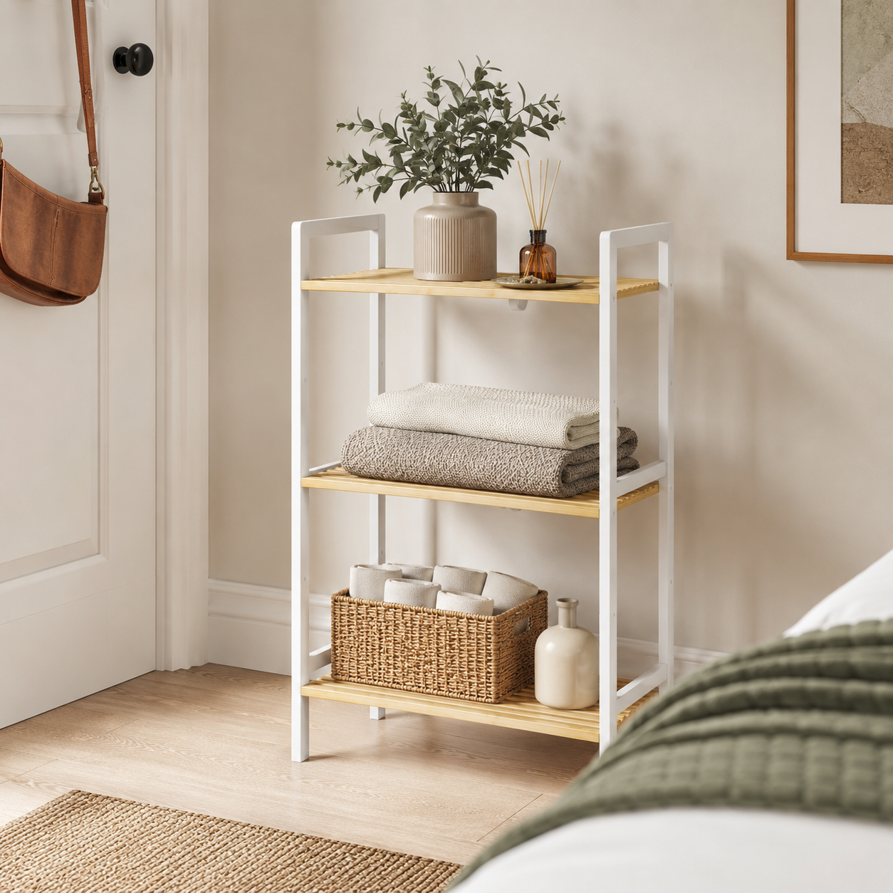 Bathroom Shelf Unit – 3-Tier, Bamboo, Adjustable, Freestanding, Natural
