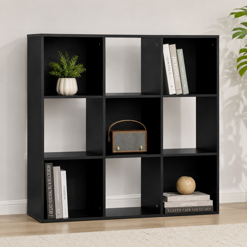 9-Cube Storage Unit (3×3) – Particle Board, Black, 91.5×29.5×91.5cm
