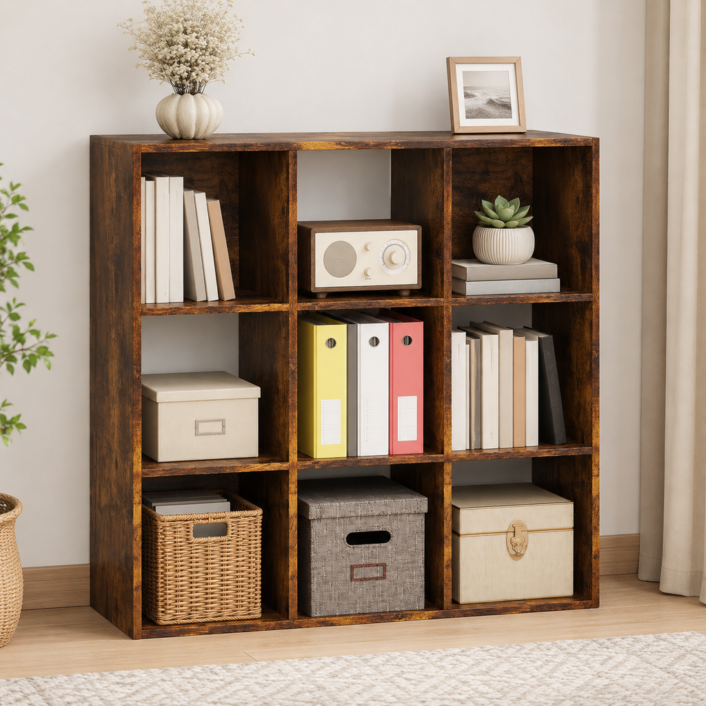9-Cube Storage Unit (3×3) – Particle Board, Rustic Brown, 91.5×29.5×91.5cm