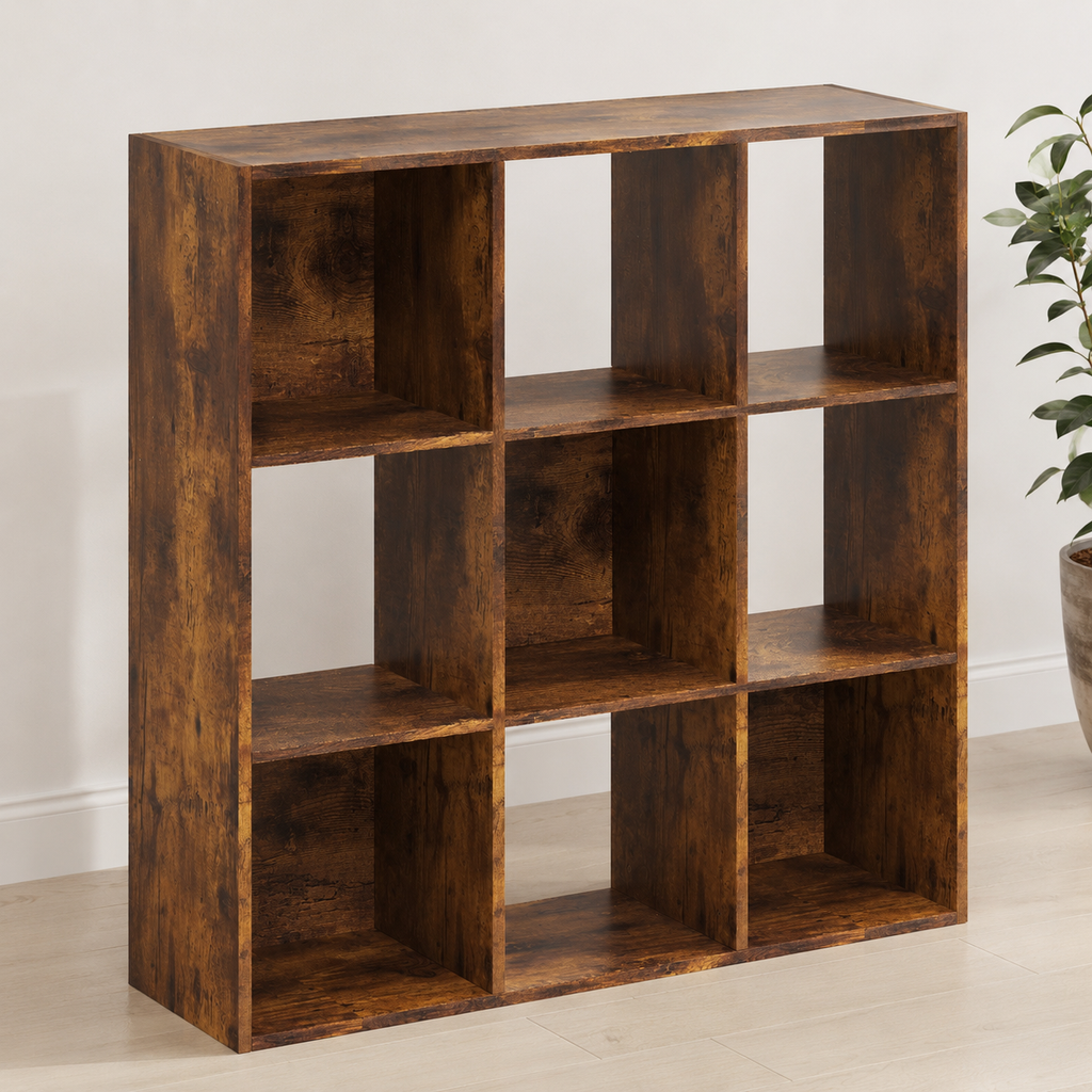 9-Cube Storage Unit (3×3) – Particle Board, Rustic Brown, 91.5×29.5×91.5cm