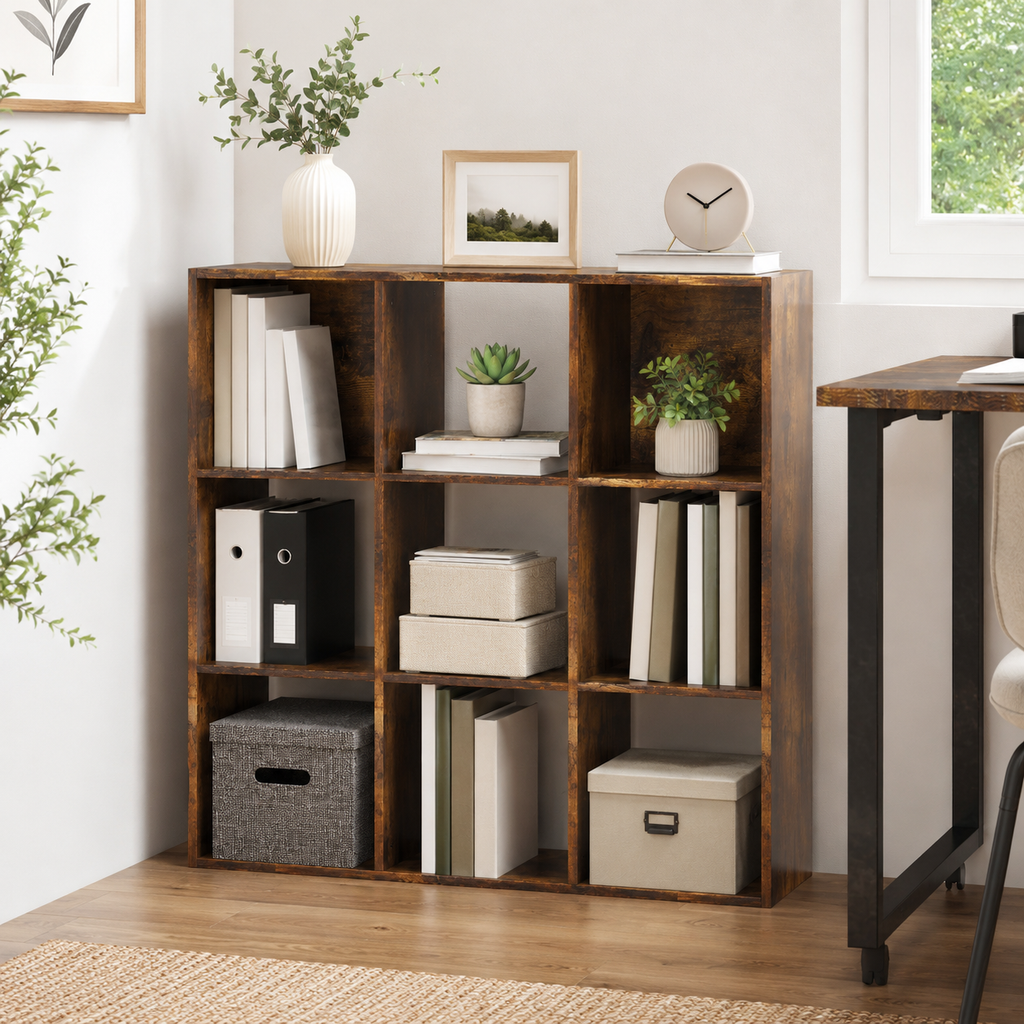 9-Cube Storage Unit (3×3) – Particle Board, Rustic Brown, 91.5×29.5×91.5cm
